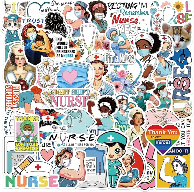 Nurse Stickers 100Pcs, Vinyl Waterproof Funny Nurse Decals for Decals Laptop Notebook Water Bottles Nurses Week Appreciation Gifts Bulk Nursing School White Angels Accessories