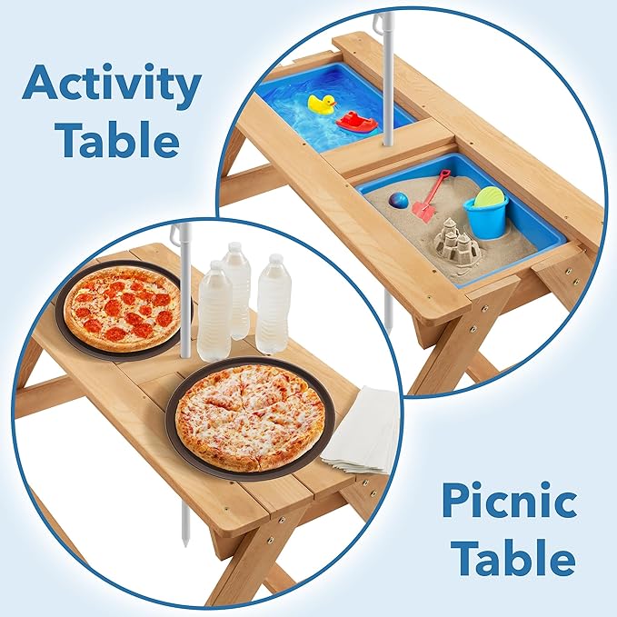 Casafield Children's Sand and Water Activity Table, 3-in-1 Wooden Outdoor Picnic Table with Umbrella, 2 Play Boxes and Removable Lid, Natural