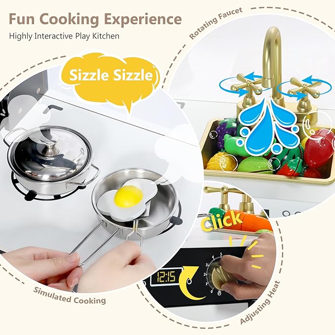 Kinder King Wooden Kids Play Kitchen, Toy Kitchen Playset for Toddler, Play Kitchen Set w/Transparent Coloring Board, Pretend Fridge, Washing Machine, Ice Maker, Gift for Boys Girls Age 3+, Black