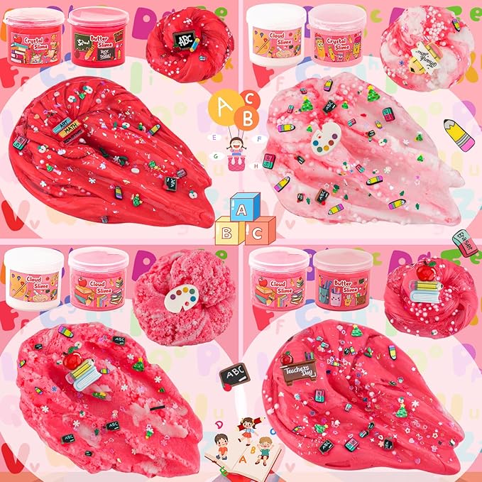 LAWOHO 6 Packs Slime Kit, Back to School Slime Gifts for Kids, Red Learning Themed Slime with Cloud Butter Clear Textures, Birthday Party Favors Goodie Bags Stuffer Anxiety Stress Relief Toys