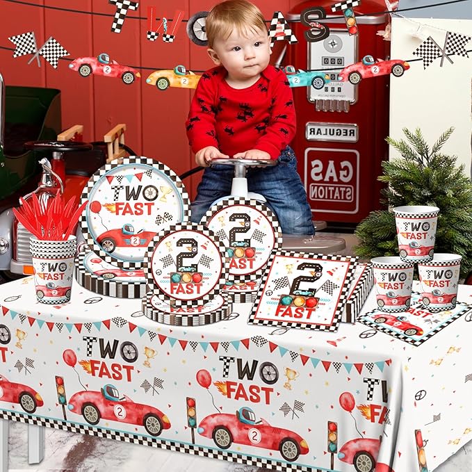 Two Fast Birthday Party Supplies, 142pcs Race Car 2nd Birthday Decorations Tableware Kit Includes Race Car Plates Napkins Tablecloth for Two Years Old Party Baby Shower Decorations Favors for Boys