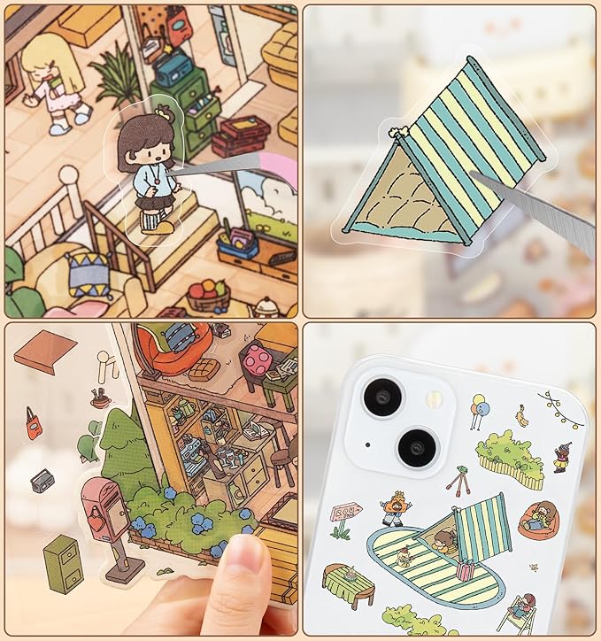 DIY 3D House Stickers, 4 Sets Fun DIY Stickers Scene Make Your Own Mini House Cute Cartoon Animal Scene Stickers for Kids Adult Sticker Art Relief Stress Pass The Time- Large Size