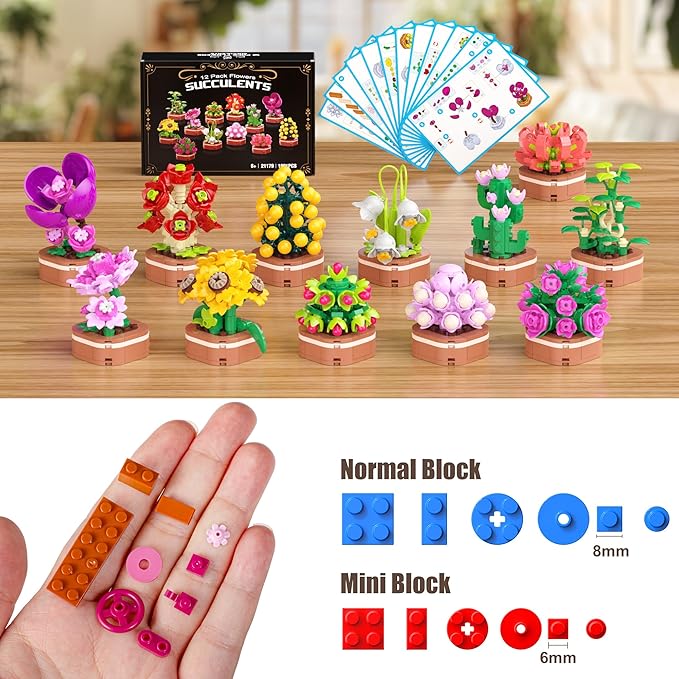 Flowers Bouquet Building Set, 1001 PCS Botanical Collection with Roses, Sunflowers etc. 12 Pack Mini Bonsai Block Toy, Gift for Kids 6+ & Adults for Christmas, Mother's Day, Valentine's Day