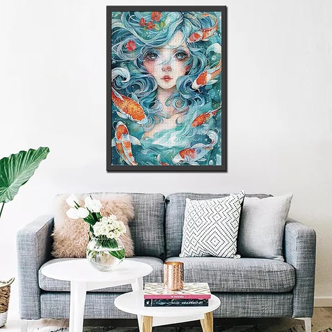 Tucocoo Watercolor Girl Jigsaw Puzzles for Adults 1000 Pieces, Koi Fish Blue Ocean Abstract Art Jigsaw Puzzle Colorful DIY Handwork Puzzles for Home Decoration, Family Puzzle Perfect for Game Nights