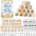 117 Pcs Baby Shower Blocks to Decorate Game Kit Includes 52 Wooden Blocks 24 Markers 1 Game Sign 40 Templates to Paint (Blue Bear)