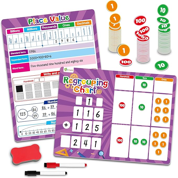 Regrouping Base Ten Place Value, Addition and Subtraction Math Manipulatives for 1st 2nd 3rd Grade, Double Sided Magnetic Dry Erase Board for Kids Classroom Must Haves Homeschool Supplies
