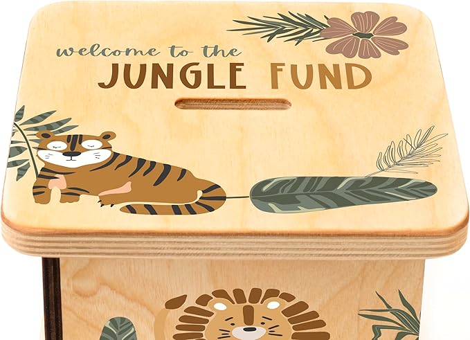 Wooden Piggy Bank for Kids and Adults, Personalized Gift Handmade in USA by BloomOwl, Custom Piggy Bank, Personalized Banks for Kids, Gifts for Baby Boys and Girls (Earthy Jungle)