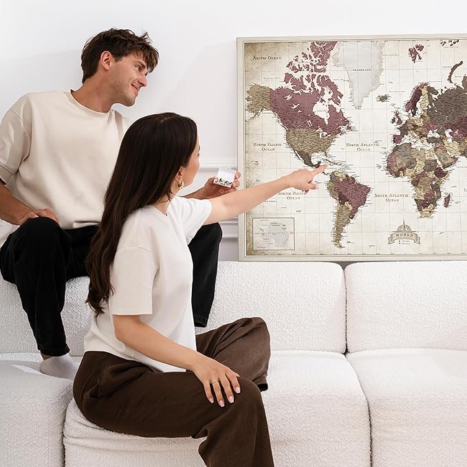 Canvas World Map with Cork Pin Board - English Lettering - Decorative Wall Decoration for All Rooms - Canvas Pictures with World Map Motif (120x80 cm, Pattern 23)