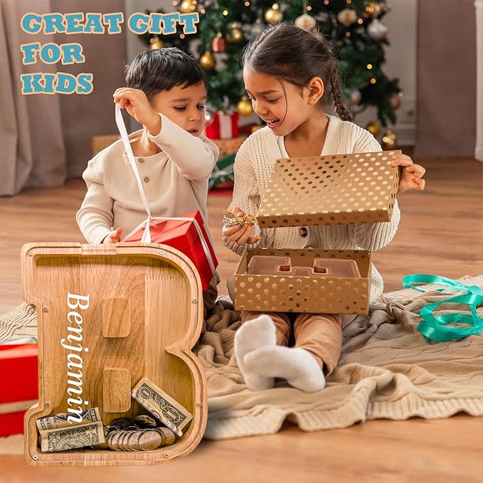 Wooden Letter Piggy Bank for Kids Larger Alphabet Letter Bank for Boys Initial Coin Bank Personalized Piggy Bank Wood Money Save Box for Birthday and Festival-Upgrade 9"" B Piggy Bank