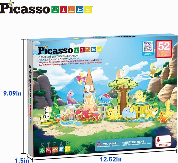 PicassoTiles Magnet Tiles Set Magnetic Building Blocks Safari Animals Dinosaur Theme with 16 Action Figure Construction Blocks STEM Toys Education Preschool Toy for Toddlers Boys Girls Ages 3+ PTQ28