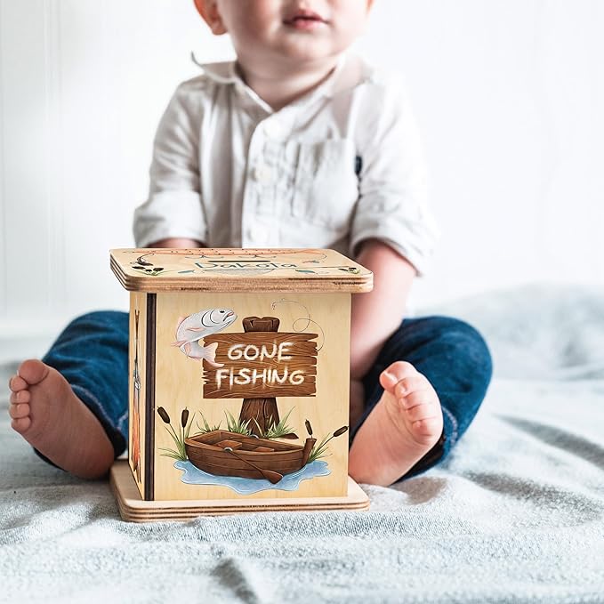 Wooden Piggy Bank for Kids and Adults, Personalized Gift Handmade in USA by BloomOwl, Custom Piggy Bank, Personalized Banks for Kids, Gifts for Baby Boys and Girls (Fishing)