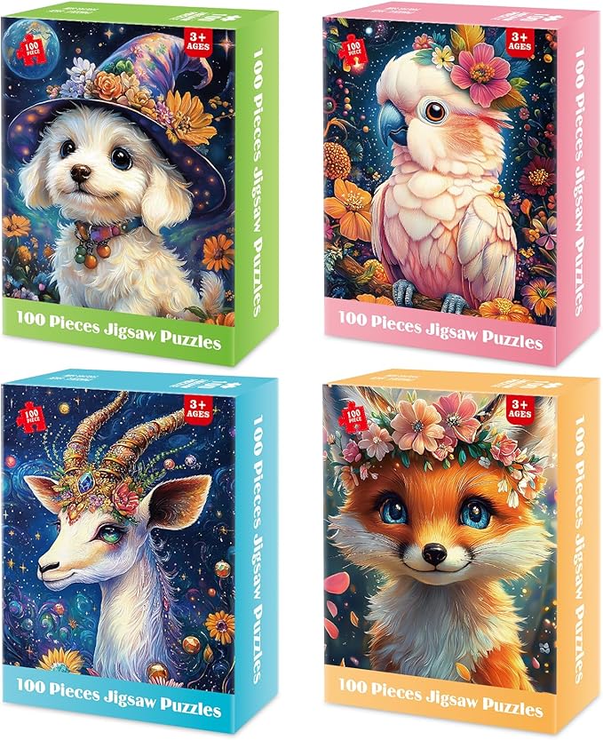 4-Pack 100 Piece Puzzles for Kids Ages 4-6 6-8 8-10, Adorable Puppy Parrot Springbok Fox Jigsaw Puzzles, Set for Kids Adults Seniors, Fun and Educational Toys for Family