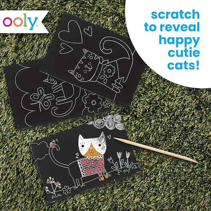 Ooly Mini Scratch & Scribble Art Kit - 6 Card Rainbow Scratch Art Set Gifts for Kids, Travel-Friendly Craft Kit, Wooden Tool Included - Cutie Cats