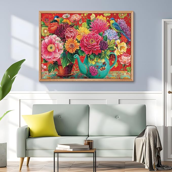 500 Piece Puzzle for Adults, Colorful Flowers in Vases Jigsaw Puzzle, Vibrant Flora with Butterflies and Birds 500 Piece puzzle, Perfect for Family Time, Wall Decor, Gift for Adults, Kids, and Seniors