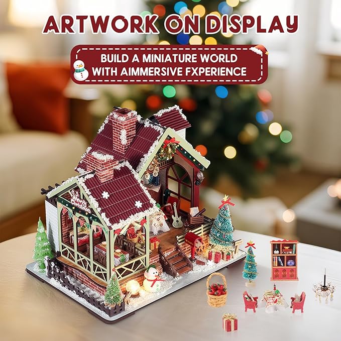 Christmas Miniature Dollhouse Kit, DIY Miniature House Kits for Adults, Mini Model Building Sets with Furniture, Snowman and Christmas Tree, Wooden House Kit Decoration Gift