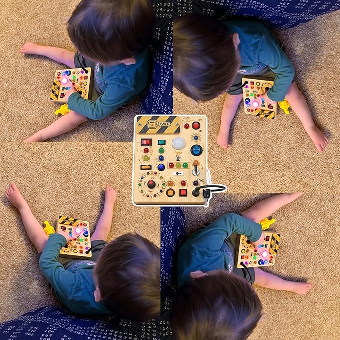RichBoy Busy Board Toddler Toys Montessori Toys for 1-3 Year Old Boy Girl Birthday Gift for Grandkids, 37 in 1 LED Light Up Sensory Wooden Montessori Switch Board Toy - Learn and Travel (6.7" x 5.3")