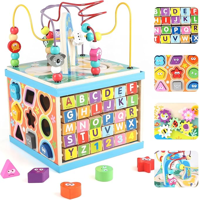 Qilay Wooden Activity Cube for Toddlers, 5 in 1 Multipurpose ABC-123 Abacus Early Educational Montessori Toys, Learning Toys for 3 Year Old | Bead Maze, Great for Boys Girls