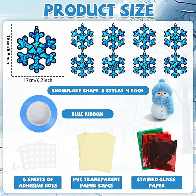 32 Sets Winter Snowflake Suncatchers Craft Kit DIY Window Stained Glass Effect Wintertime Snowflake Paper Crafts Home School Classroom Decoration Kid Birthday Gift Creative Art Project Activity Game