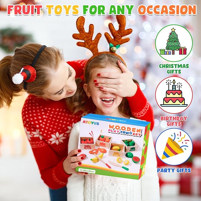 ATOYUS Wooden Play Food Set Toys for Toddlers 1-3, Kids Toy Play Kitchen Accessories, Cutting Fruits Pretend Food with Storage Boxes, Christmas Birthday Gifts for 1 2 3 Year Old Baby Boys Girls