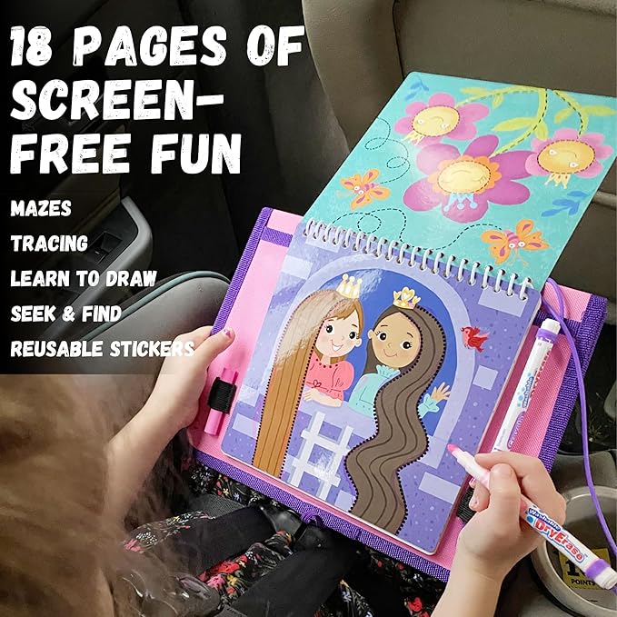 Totebook Kids Travel Educational Activity Book with Washable Markers - Car and Airplane Activities, Learning Toys for Toddlers- Reusable Stickers for Ages 4, 5, 6 (Princess & Extra Ocean Book)