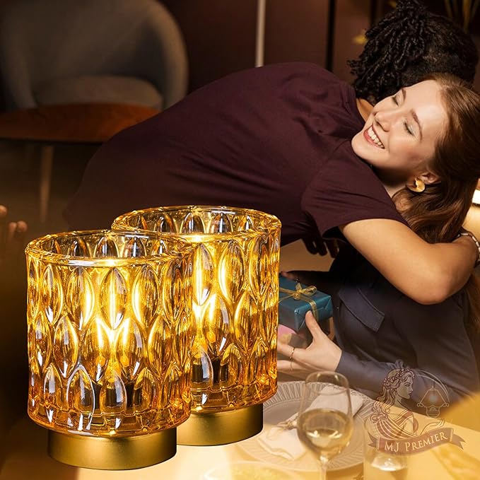 Battery Operated Table Lamps Timer, Mini Crystal Lamp for Area No Plug, Cordless Lamp with LED Bulb for Power Outage, Decorative Lamps for Tabletop/Corner/Entryway/Stairway/Bathroom/Fireplace(2*AMBER)