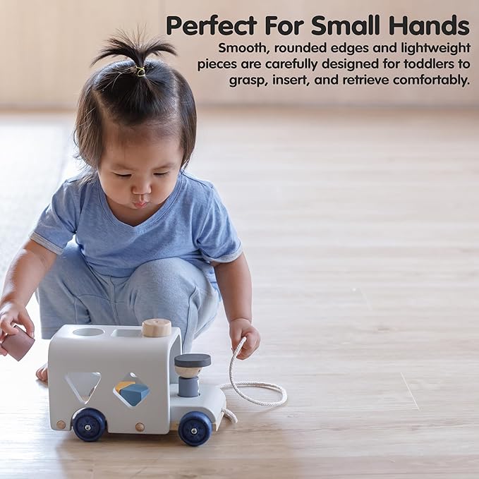PlanToys Shape Sorting Bus Wooden Pull Toy - Non-Toxic, Sustainably-Made Pull Along Wooden Toy