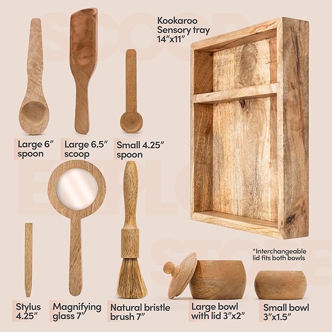 Wooden Sensory Play Bin Set – Montessori Fine Motor & Tactile Exploration Kit with Wooden Tools, Natural Mango Wood