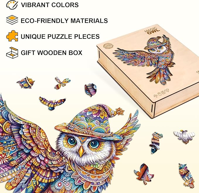 Wooden Puzzles for Adults, Unique Shaped Owl Jigsaw Puzzles,Magic Wooden Jigsaw Puzzles, Gifts for Family or Friends for Any Holiday.(11.4 * 10.4 in 130pcs)