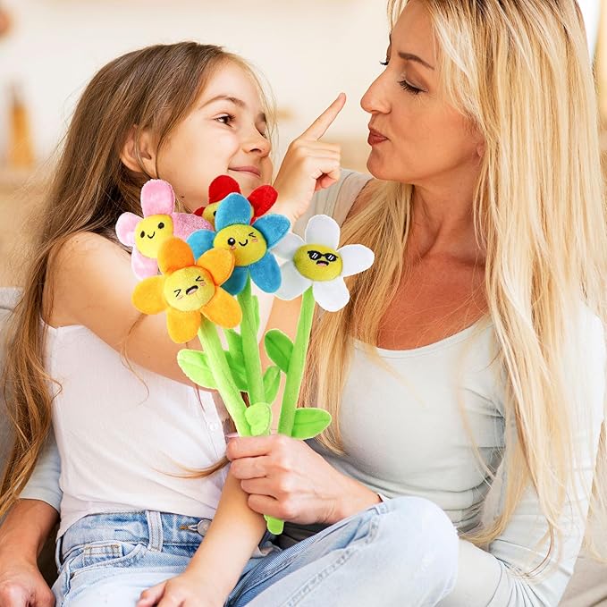 18 Pcs Plush Smile Flower Stuffed Bendable Stems Plush Bouquet Toy Soft Floral 12.6 Inch for Graduation 2025 Mother's Day Valentines Day Girl Girlfriend Wife Family and Friends(Cute Style)