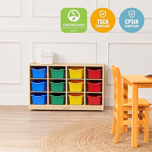 ECR4Kids 12 Cubby Mobile Tray Cabinet with 15 Scoop Front Storage Bins, 3x4, Natural, Classroom Furniture, Assorted