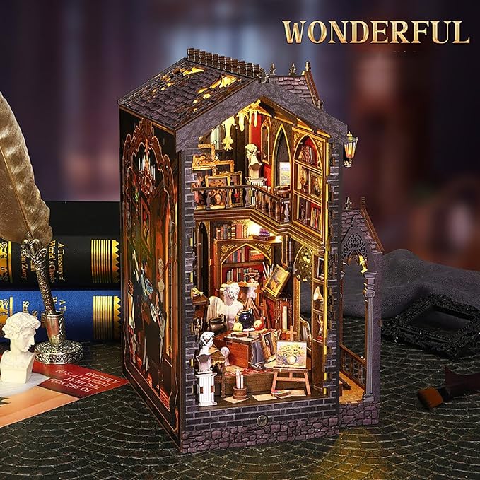 DIY Book Nook Kit - DIY Miniature Dolls House Kit with Furniture and LED Light, 3D Puzzle Wooden Art Bookends, Model Kits for Adults to Build (Wonderful Studio)