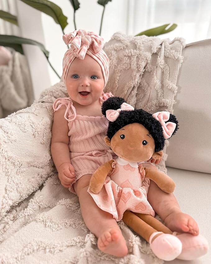 LeyaDoll Soft Baby Doll Toys (16''), My First Baby Rag Doll for 1 Year-Old Girl Birthday Gift, Christmas Plush Toys Gift for Toddler Kids Infants-Sweetheart(Double Buns Tanned)