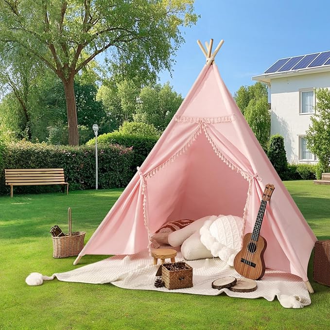 Sumbababy Teepee Tent for Kids Indoor – Cotton Canvas Play Tent with Tassel Trim, Foldable Toddlers Tent for Girls, Ideal Gift with Star Lights, Banner & Carry Bag (Pink)