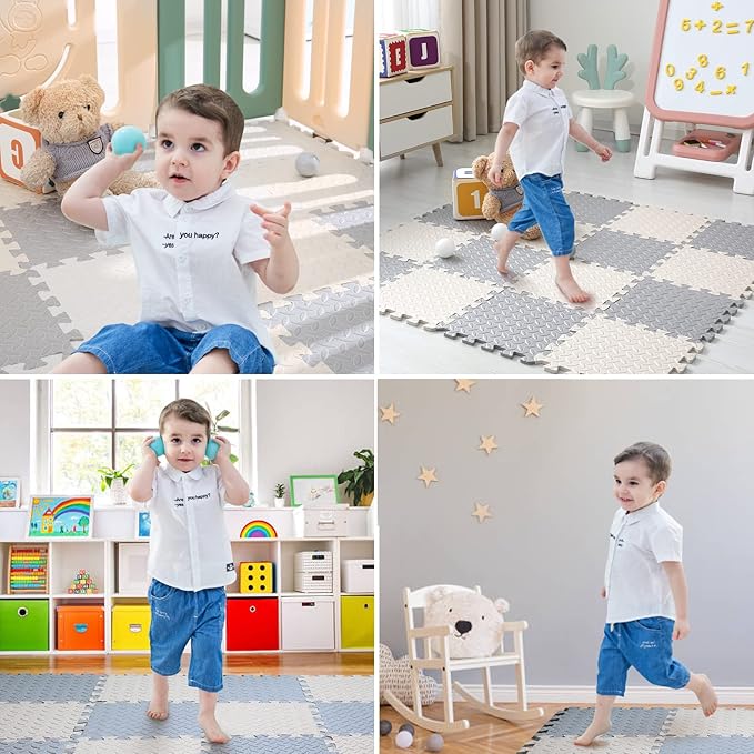 16 Tiles Foam Play Mat for Baby, Soft & Safe EVA Foam Mats for Floor, Square Baby Play Mat, Solid Colored Kids Foam Puzzle Floor Mat, 47x47 Play Mat for Playpen(Whit/Gray)