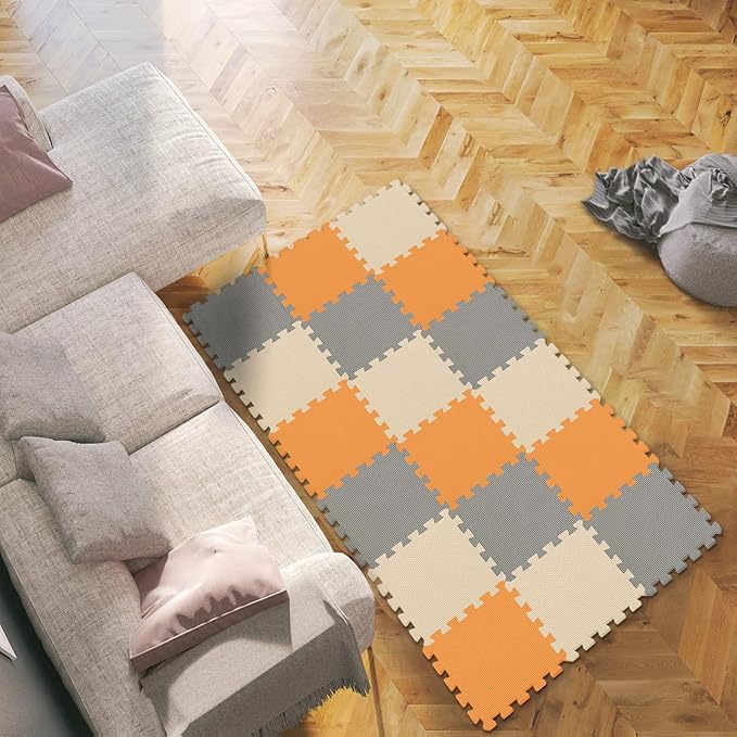 qqpp EVA Rubber 18 Tiles Interlocking Puzzle Foam Floor Mats - Baby Play Mat for Playing | Exercise Mat for Home Workout. Orange, Beige, Gray. QC-BJLb18N