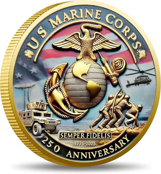 USMC 250th Anniversary Challenge Coin (1.57 Inch) – Double-Sided Collectible Military Coin for Veterans, Active Duty & Marine Corps Enthusiasts VANKAI (1PCS)