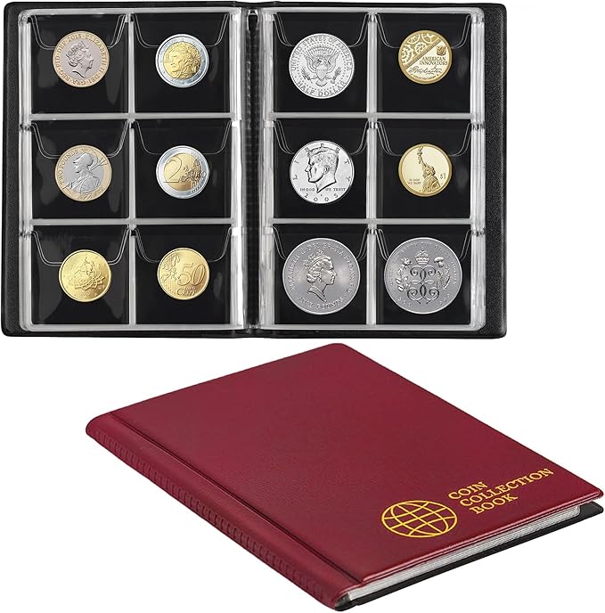Coin Collection Album - Coin Holder Book Coin Storage Album Money Penny Pocket for Collectors CS01 (Red, Pocket Size 45x45mm/1.8x1.8 in[60 Pockets])