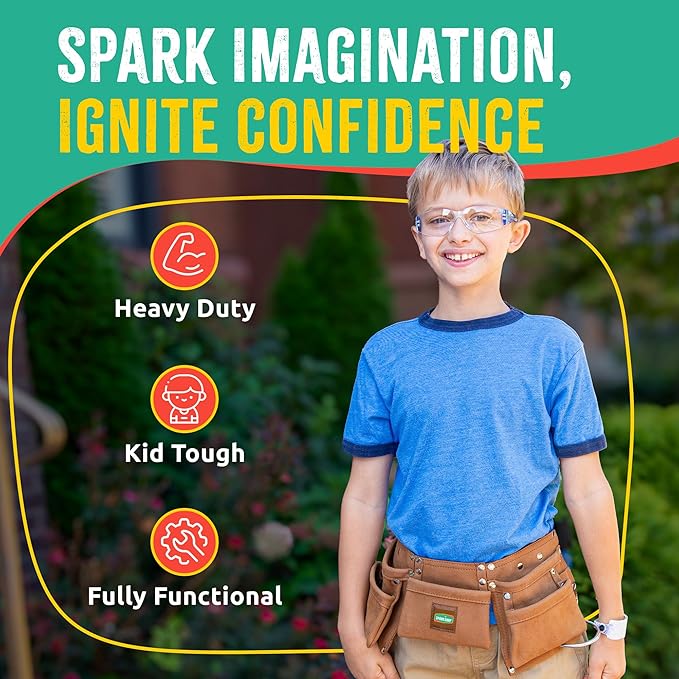 SparkJump Kids Brown Tool Belt, Adjustable Leather Tool Belt for Toddlers and Kids, Dress-Up Construction Costume for DIY Woodworking and STEM Learning