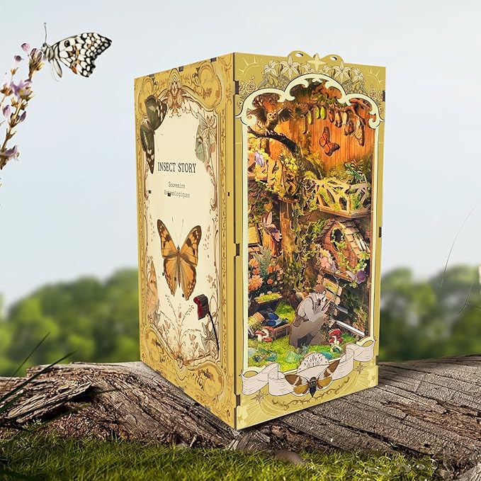 DIY Book Nook Kit,DIY Dollhouse Booknook Bookshelf Insert Decor,3D Wooden Puzzles with LED Dust Cover,Book Nook Miniature Kit,Birthday Halloween Home Decor for Teens Adult-Insects Story