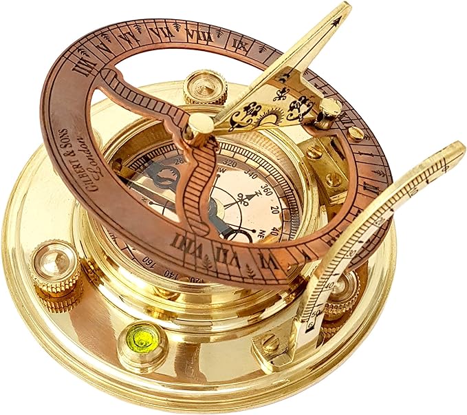 Brass Nautical - Antique Brass & Copper Sundial Compass, Sundial Clock in Box Gift Sun Clock Ship Replica Watch