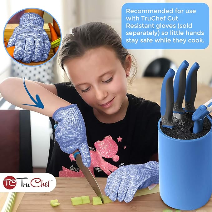 5-Piece Kids Knife Set | Real Stainless Steel Cooking Knives with Peeler, Serrated Blade & Storage Stand | Safe, Easy-Grip Design – Fun Junior Chef Set for Boys & Girls (5 pcs, Blue)