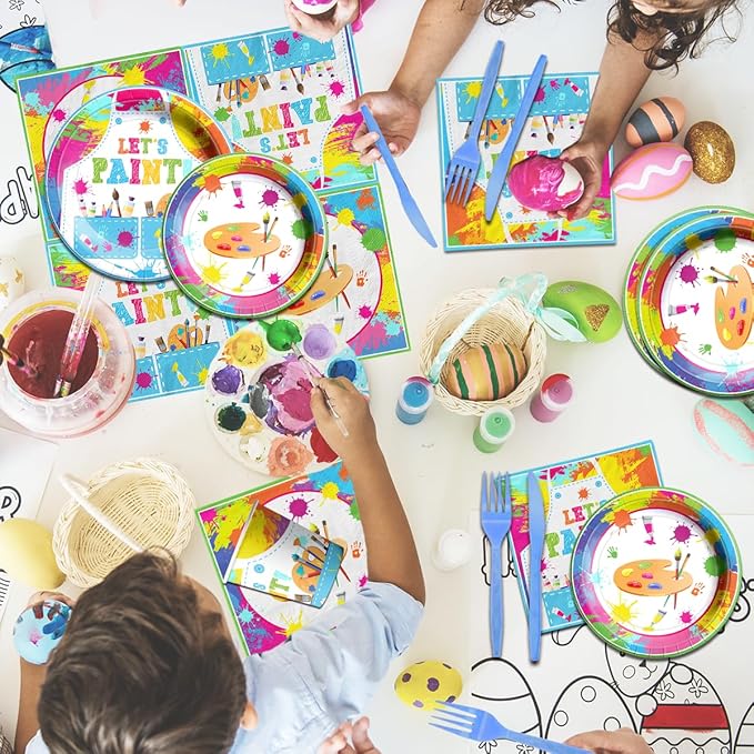 Paint Party Supplies, 142 Pcs Art Paint Party Tableware Set Include Paint Party Plates and Napkins,Art Tablecloths,Paint Banner,Cups,Art Birthday Party Decorations for Kid, Teens and Adults,Serves 20