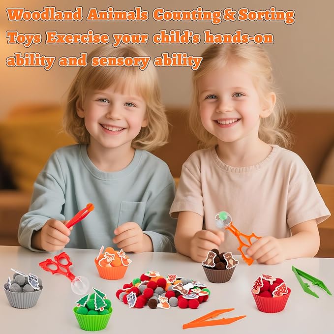EZdhuawuse Woodland Animals Sensory Bin Fillers - 266Pcs Fall Animals Fine Motor Toys Sorting Stacking Toys for Kids, Felt Fox Bear Pom Poms Cup Clip for Preschool Education Early Development Activity