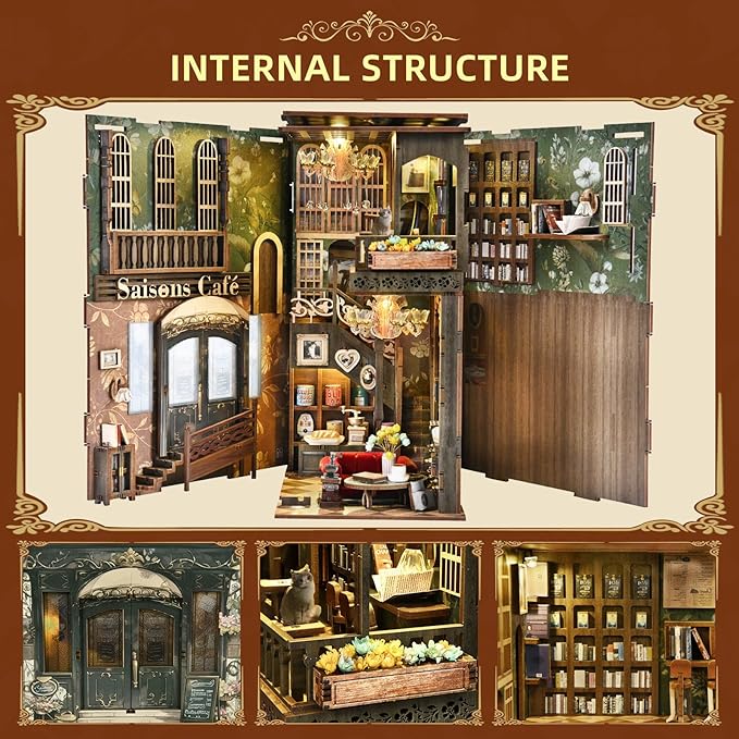 Book Nook Kit, DIY Miniature Dollhouse Booknook Kit, 3D Wooden Puzzle Bookend Bookshelf with LED Light for Adults Teens (Saison Café)