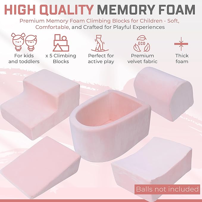 Foam Climbing Blocks for Toddlers & Babies – 5-Piece Soft Playset with High-Density Memory Foam & Velvet Cover – Indoor Climb and Crawl Activity Play Set for Motor Skills Imaginative Active Fun - Pink