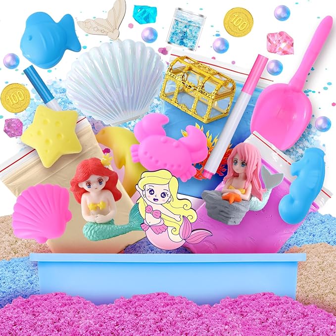 G.C Sensory Bin for Girl Kid Toy, Play Sand Art Kit 108pcs with Sandbox, 2lb Color Sand, 6 Castle Molds, Tactile Sensory Toy Christmas Birthday Gift for Girl Toddler Ages 3 4 5 6 7 8 (Mermaid)