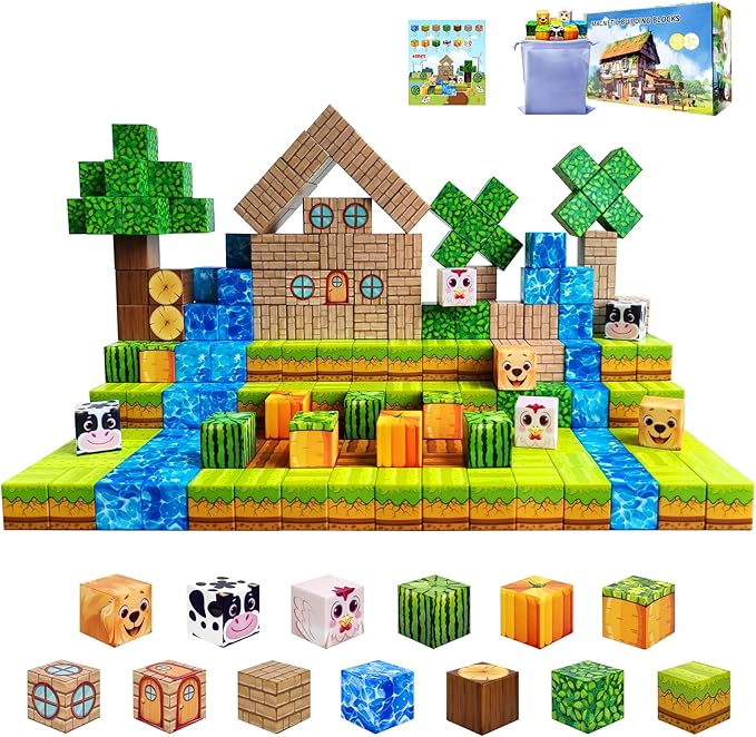 Magnetic Blocks Building Toys for Kids: Magnetic Blocks for Kids Ages 3-4, 8-12, 1" Magnet Cubes STEM Toys for Boys & Girls,Christmas Birthday Gifts for Toddler Ages 3+, 48PCS Blocks Farm Theme