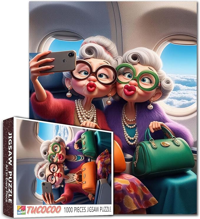 Fashionable Senior Ladies On Airplane Jigsaw Puzzle for Adults Students Funny Cartoon Style 1000 Pieces 20×27 Inches Colorful Travel Humor Puzzle Gift Idea for Relaxing and Creative Time Wall Decor