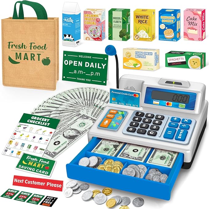 Calculator Cash Register Toy Gift for Kids Age 3, 4, 5, 6, 7, 8+ Year Old, 120 Pcs Grocery Store Playset with Toy Cash, Grocery BoxesCredit Card, Microphone, Grey Play Cash Register for Toddlers 4-8