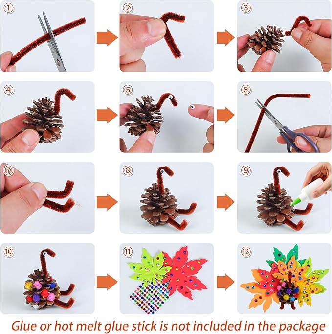 Tugaizi Thanksgiving Pinecone Turkey Craft Kit for Kids, 20 Sets Fall Autumn Turkey DIY Art and Craft Kit for Classroom Project Supplies Thankful Dinner Activity and Table Centerpiece Decorations